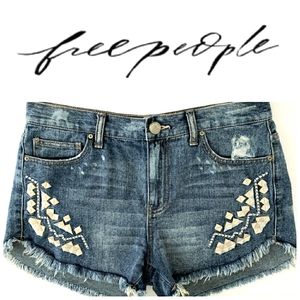 Like New Free People Studded & Frayed Med Rise Jean Shorts